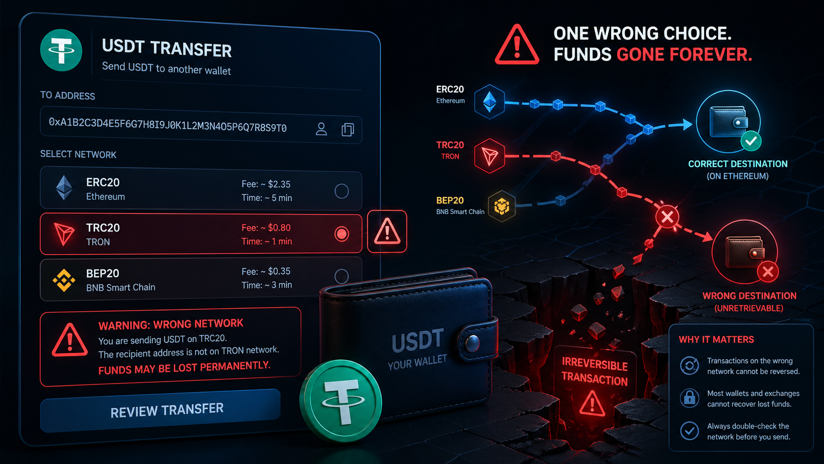 Риски USDT — неправильная сеть и необратимость перевода