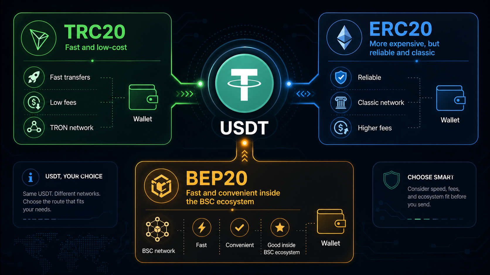 Сети USDT TRC20 ERC20 и BEP20 — сравнение форматов перевода